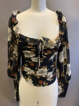 Womens, Blouse, ASTR, Black, Lt Gray, Rust Orange, Brown, Gold, Polyester, Metallic/Metal, Floral, XS, Chiffon Shot with Gold, Ruched Center Front, Smocked Back and Cuffs, Long Sleeves, Ruffle at Scoop Neck, Wire at Cleavage with Tie