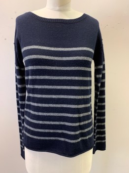 VINCE, Navy Blue, Gray, Cashmere, Polyester, Stripes - Horizontal , Silver Glitter on Gray Stripes, Crew Neck, Long Sleeves