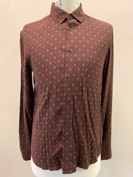 SCOTCH & SODA, Chestnut Brown, Black, Red Burgundy, Cotton, Abstract , Triangle Pattern, Collar Attached, Button Front, Long Sleeves
