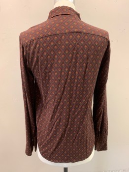 SCOTCH & SODA, Chestnut Brown, Black, Red Burgundy, Cotton, Abstract , Triangle Pattern, Collar Attached, Button Front, Long Sleeves