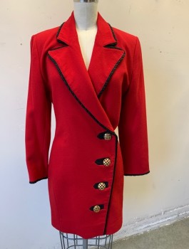 Womens, Blazer, N/L, Red, Polyester, Solid, B:32, XS, W:26, Crepe, Black Corded Rope Piping at Peaked Lapel, Button Placket, Button Holes, and Cuffs, 4 Oversized Gold Buttons, Long Sleeves, Padded Shoulders, Hem Above Knee,