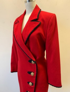 Womens, Blazer, N/L, Red, Polyester, Solid, B:32, XS, W:26, Crepe, Black Corded Rope Piping at Peaked Lapel, Button Placket, Button Holes, and Cuffs, 4 Oversized Gold Buttons, Long Sleeves, Padded Shoulders, Hem Above Knee,