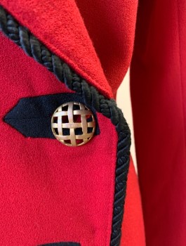 N/L, Red, Polyester, Solid, Crepe, Black Corded Rope Piping at Peaked Lapel, Button Placket, Button Holes, and Cuffs, 4 Oversized Gold Buttons, Long Sleeves, Padded Shoulders, Hem Above Knee,