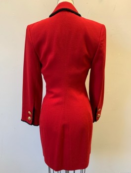 N/L, Red, Polyester, Solid, Crepe, Black Corded Rope Piping at Peaked Lapel, Button Placket, Button Holes, and Cuffs, 4 Oversized Gold Buttons, Long Sleeves, Padded Shoulders, Hem Above Knee,