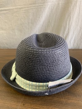 BRONER, Navy Blue, Straw, Solid, Short 2" Brim, White and Light Blue Patterned Twill Band
