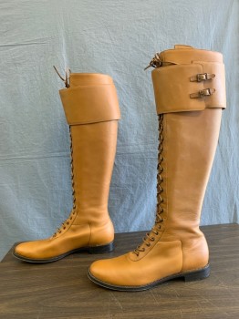 Womens, Boots, Feragamo, Tan Brown, Leather, Solid, 8.5, Classic ,Medium Tan, Matte Finish Low Heel, Leather Sole,6hole Laceup at Bottom,16 Pairs of Hooks Above That , 3 3/4 " Flap with Two Small Buckle Strap Closures at Top , Laces Made From the Matching Leather of Boot