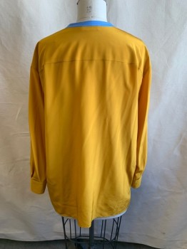 TORY BURCH, Mustard Yellow, Lt Blue, Silk, Color Blocking, V-N, L/S, Burgundy Lace Trim, *Small Puncture Holes on Back