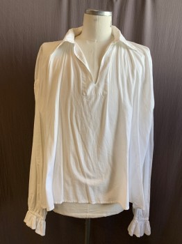 Mens, Historical Fiction Shirt, KASHI, White, Cotton, Solid, L, Open V Slit Front, Pullover, Collar Attached, Gathered Long Sleeves, Elastic Gathered Cuff