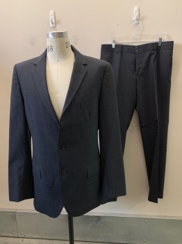 HUGO BOSS, Black, Charcoal Gray, Blue, Wool, Plaid, 2 Buttons, Single Breasted, Notched Lapel, 3 Pockets