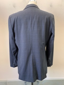HUGO BOSS, Black, Charcoal Gray, Blue, Wool, Plaid, 2 Buttons, Single Breasted, Notched Lapel, 3 Pockets