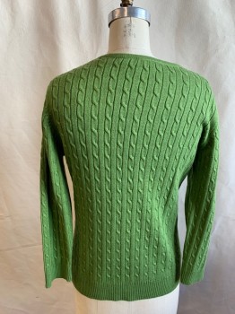 AMBER SUN, Olive Green, Cotton, Silk, Solid, Cable Knit, V-neck, Diagonal Cable Knit, Long Sleeves, Ribbed Knit Waistband/Cuff