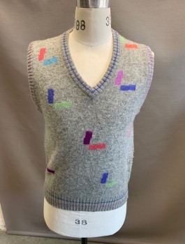 Mens, Vest, ALEXANDER JULIAN, Gray, Cornflower Blue, Dk Purple, Lilac Purple, Apricot Orange, Wool, Abstract , L, V N, Sleeveless, Lines Dashes in Color.on Body.