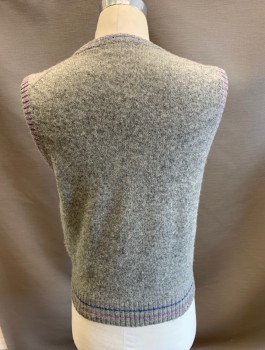 Mens, Vest, ALEXANDER JULIAN, Gray, Cornflower Blue, Dk Purple, Lilac Purple, Apricot Orange, Wool, Abstract , L, V N, Sleeveless, Lines Dashes in Color.on Body.