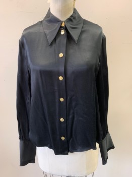 ZARA, Black, Viscose, Solid, Long Sleeves, Button Front, Gold Metal Buttons, Flaired Cuff with Raw Edge, Long Collar Points