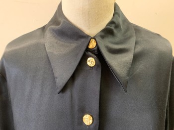 ZARA, Black, Viscose, Solid, Long Sleeves, Button Front, Gold Metal Buttons, Flaired Cuff with Raw Edge, Long Collar Points