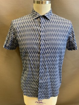 SLATE & STONE, Navy Blue, White, Cotton, Geometric, Repeating Arrows Pattern, Short Sleeves, Button Front, Collar Attached, No Pockets