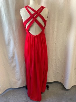 Womens, Evening Gown, MANGO, Red, Acetate, Polyester, S, V-neck, Sleeveless, Criss Cross Straps on Back, Diagonal Pleating on Bodice, Horizontal Pleating on Waist Sides, Vertically Pleated Skirt, Zip Back, Floor Length