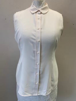ANNE KLEIN, Cream, Polyester, Solid, Crepe, Sleeveless, Button Front, Peter Pan Collar