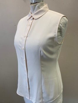 ANNE KLEIN, Cream, Polyester, Solid, Crepe, Sleeveless, Button Front, Peter Pan Collar