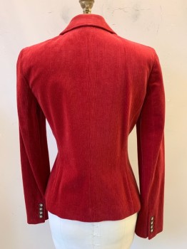 Ellie Tahari, Red, Cotton, Solid, Single Button, Single Breasted, Notched Lapel, Top Pockets,