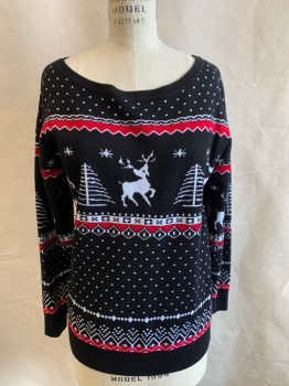 LIL BETTER, Black, White, Red, Viscose, Nylon, Holiday, L/S, Boat Neck, Snow, Reigndeer, Trees, Christmas