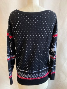 LIL BETTER, Black, White, Red, Viscose, Nylon, Holiday, L/S, Boat Neck, Snow, Reigndeer, Trees, Christmas