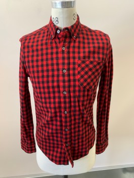 AMERICAN APPAREL, Dk Red, Black, Cotton, Check , L/S, B.F., Bttn Down Collar, Chest Pocket, Flannel, Slim Fit, Gray Pearl Buttons