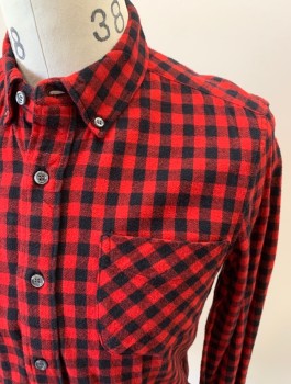 AMERICAN APPAREL, Dk Red, Black, Cotton, Check , L/S, B.F., Bttn Down Collar, Chest Pocket, Flannel, Slim Fit, Gray Pearl Buttons