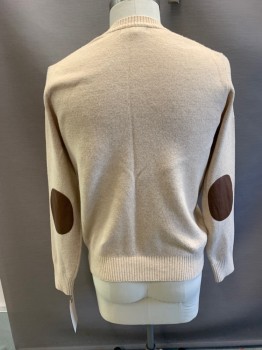 BANANA REPUBLIC, Khaki Brown, Brown, Wool, Leather, Solid, L/S, V-N, Brown Leather Elbow Patches