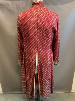 Mens, Historical Fiction Coat, N/L, Red, Red Burgundy, Gold, Goldenrod Yellow, Silk, Metallic/Metal, Stripes - Diagonal , Zig-Zag , 44, C 42-, Asia, Coins at Hem of Sleeves and Coat, Ties at Neck & Waist, Open Slashes at Legs, Lined in Goldenrod Dupioni,