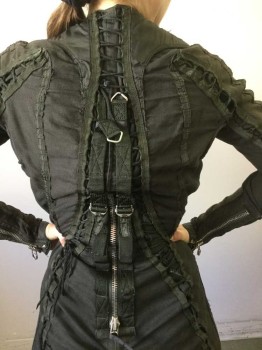 Womens, Sci-Fi/Fantasy Jumpsuit, N/L, Olive Green, Cotton, Nylon, W:31, B:36, H:39, Long Sleeves, Full Body, Oversized Silver Zipper at Front, Other Zippers at Shoulder, Sleeves, Waist. Various Criss Crossed Lace Up Panels Throughout, **Has Multiples