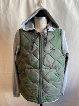 VOLCOM, Green, Dk Green, Brown, Heather Gray, Polyester, Cotton, Camouflage, Color Blocking, Puffer Vest, Zip Front, Cotton/Poly Knit Attached Drawstring Hood and Sleeves, Ribbed Knit Cuff