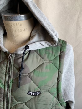 VOLCOM, Green, Dk Green, Brown, Heather Gray, Polyester, Cotton, Camouflage, Color Blocking, Puffer Vest, Zip Front, Cotton/Poly Knit Attached Drawstring Hood and Sleeves, Ribbed Knit Cuff