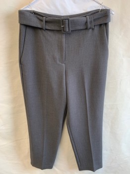 ANN TAYLOR, Dk Gray, Polyester, Rayon, Solid, Zip Front, Hook Closure, 4 Pockets, Creased Front, Taperred Leg, Self Belt