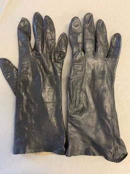 Womens, Gloves 1890s-1910s, N/L, Black, Leather, Solid, M, Aged Plain Unlined