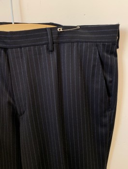 ZARA MAN, Midnight Blue, Slate Blue, Poly/Cotton, Stripes - Pin, Zip Front, Extended Waistband With Button Closure, 4 Pckts, Coin Pocket, F.F, Creased