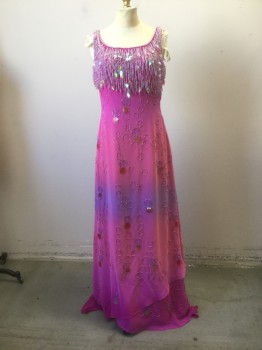GOLDEN MOUNTAIN, Pink, Lt Blue, Hot Pink, Polyester, Beaded, Ombre, Scoop Neck with Beaded Tassle Trim Neckline with Iridecent Leaf Payettes. Sleeveless. Circular Bead Detail on Dress
