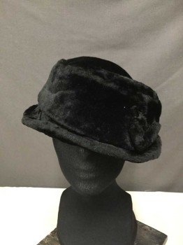 Womens, Hat 1890s-1910s, NO LABEL, Black, Synthetic, Velvet Hat with Brim,