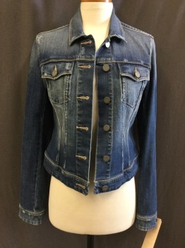 PAIGE, Blue, Cotton, Solid, Traditional Jean Jacket Style, Tailored and CroppedAged/Distressed,