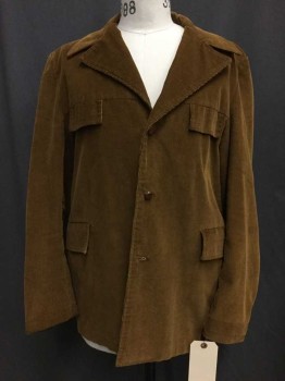 Mens, Jacket, Sportswear, Brown, Cotton, Polyester, Solid, 42R, Brown Corduroy, Notch Lapel, 4 Flap Pockets Button Front,
