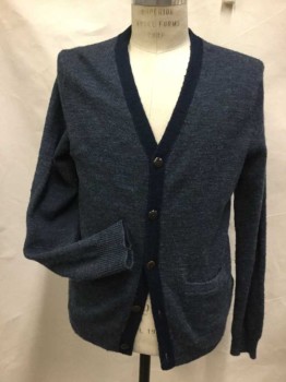 J CREW, Navy Blue, Navy Blue, Tan Brown, Wool, Suede, Heathered, V-neck, Button Front, Suede Elbow Patches, Heather Navy with Solid Navy Trim