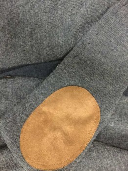 J CREW, Navy Blue, Navy Blue, Tan Brown, Wool, Suede, Heathered, V-neck, Button Front, Suede Elbow Patches, Heather Navy with Solid Navy Trim