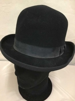 Mens, Bowler Hat 1890s-1910s, Golden Gate Hat Co, Black, Wool, Solid, 7 3/8, Soft Structure, 1.25" Grosgrain Band/bow and Edge Trim, Little Dusty