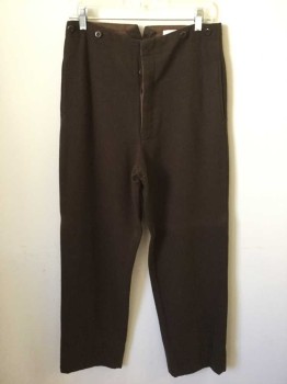 Mens, Pants 1890s-1910s, NO LABEL, Brown, Wool, Solid, 30, 32, Button Fly, Suspender Buttons, Side Pockets