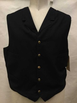 Mens, Historical Fiction Vest, Black, Cotton, Synthetic, Solid, Ch 48, Black, Notch Lapel, Button Front, 4 Pockets, 1800's