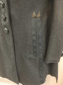 Womens, Jacket 1890s-1910s, MTO, Charcoal Gray, Wool, Solid, W 32, B 36, Single Breasted, Collar Attached, Notched Lapel, 4 Buttons, Curved Sleeve, Inverted Box Pleat Center Back, 2 Pockets, Black Ribbon Pocket and Seam Detail Back and Front with Brown Embroiderred Triangle Tips, Long Jacket,