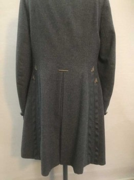 MTO, Charcoal Gray, Wool, Solid, Single Breasted, Collar Attached, Notched Lapel, 4 Buttons, Curved Sleeve, Inverted Box Pleat Center Back, 2 Pockets, Black Ribbon Pocket and Seam Detail Back and Front with Brown Embroiderred Triangle Tips, Long Jacket,