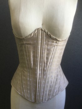 Womens, Corset 1890s-1910s, N/L, Lt Olive Grn, Lavender Purple, Cotton, Silk, Insects Print, W24-26, Ub29, H33-35, Light Olive with Lavender Butterflies, with Cream Lining, Black Lacing Back, and 4PC Removable Garters, Lace Up Back, Spiral Steel Bones
