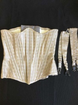 Womens, Corset 1890s-1910s, N/L, Lt Olive Grn, Lavender Purple, Cotton, Silk, Insects Print, W24-26, Ub29, H33-35, Light Olive with Lavender Butterflies, with Cream Lining, Black Lacing Back, and 4PC Removable Garters, Lace Up Back, Spiral Steel Bones