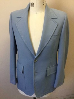 Mens, Blazer/Sport Co, JACK SILVER, Powder Blue, Polyester, Solid, 38S, with White Topstitching at Lapel and Pockets, Single Breasted, Notched Lapel, 3 Pockets Including 2 Patch Pockets at Hips, Slate Blue and White Patterned Lining,